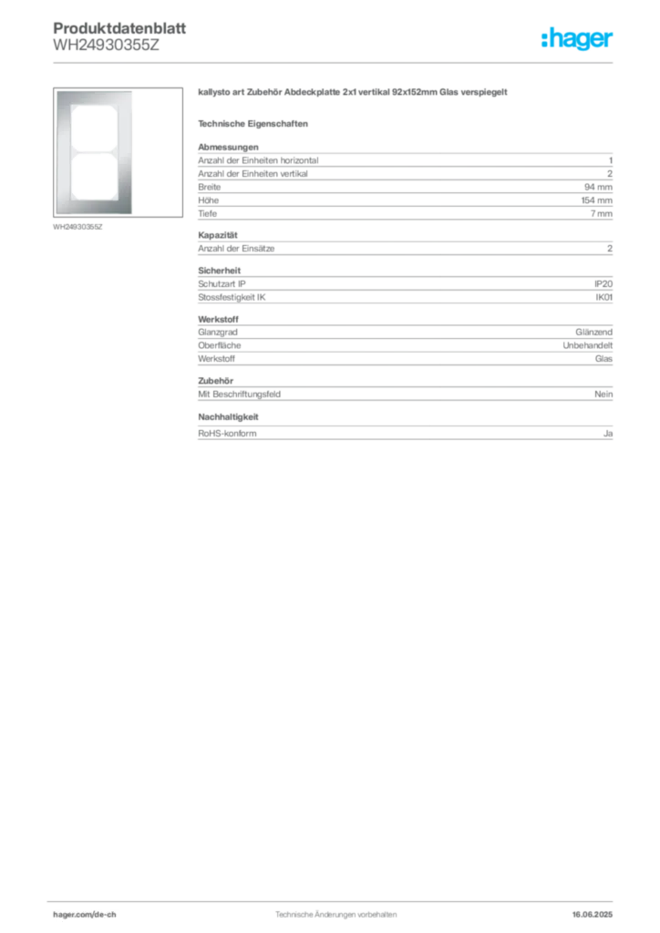 Bild Hager Produktdatenblatt WH24930355Z | Hager Schweiz