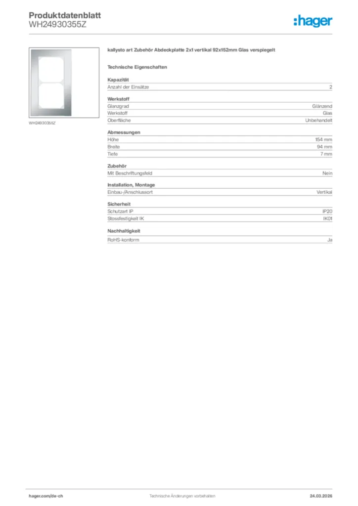 Bild Hager Produktdatenblatt WH24930355Z | Hager Schweiz