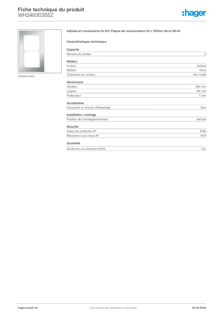 Image Hager Fiche technique du produit WH24930355Z | Hager Suisse