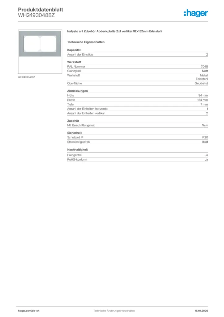 Bild Hager Produktdatenblatt WH24930488Z | Hager Schweiz