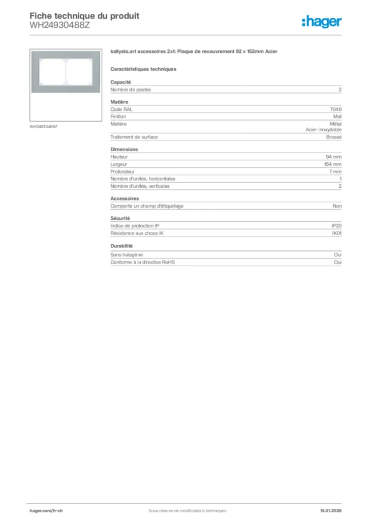 Image Hager Fiche technique du produit WH24930488Z | Hager Suisse