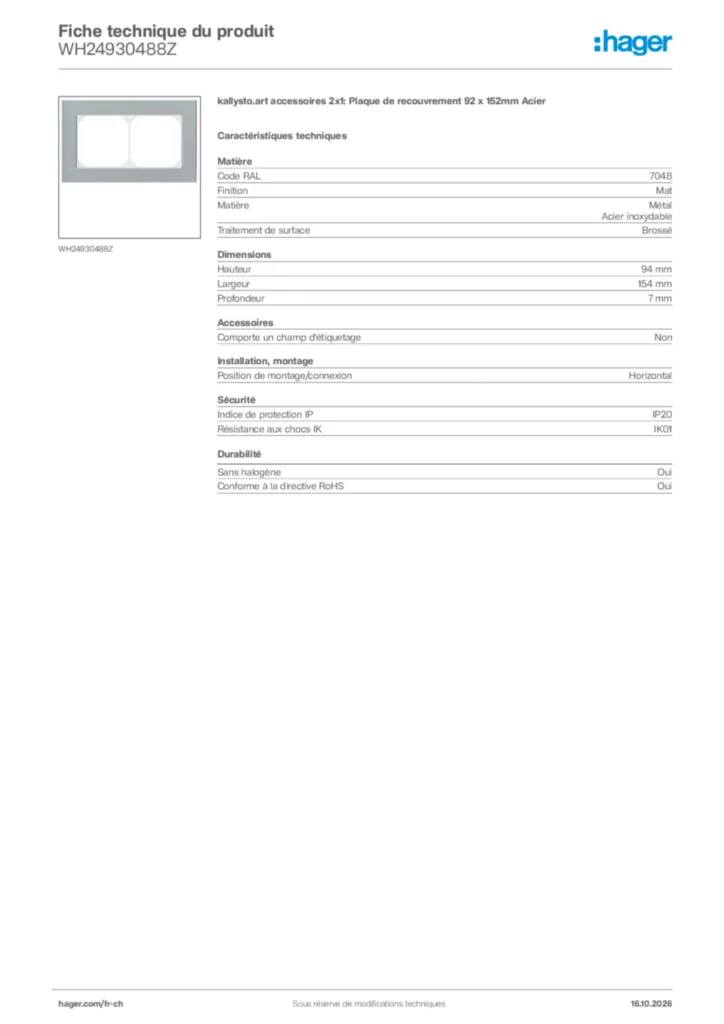 Image Hager Fiche technique du produit WH24930488Z | Hager Suisse