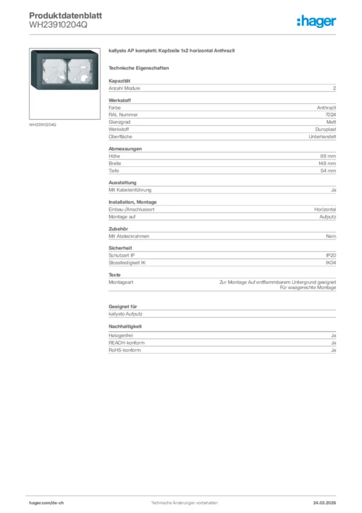 Bild Hager Produktdatenblatt WH23910204Q | Hager Schweiz