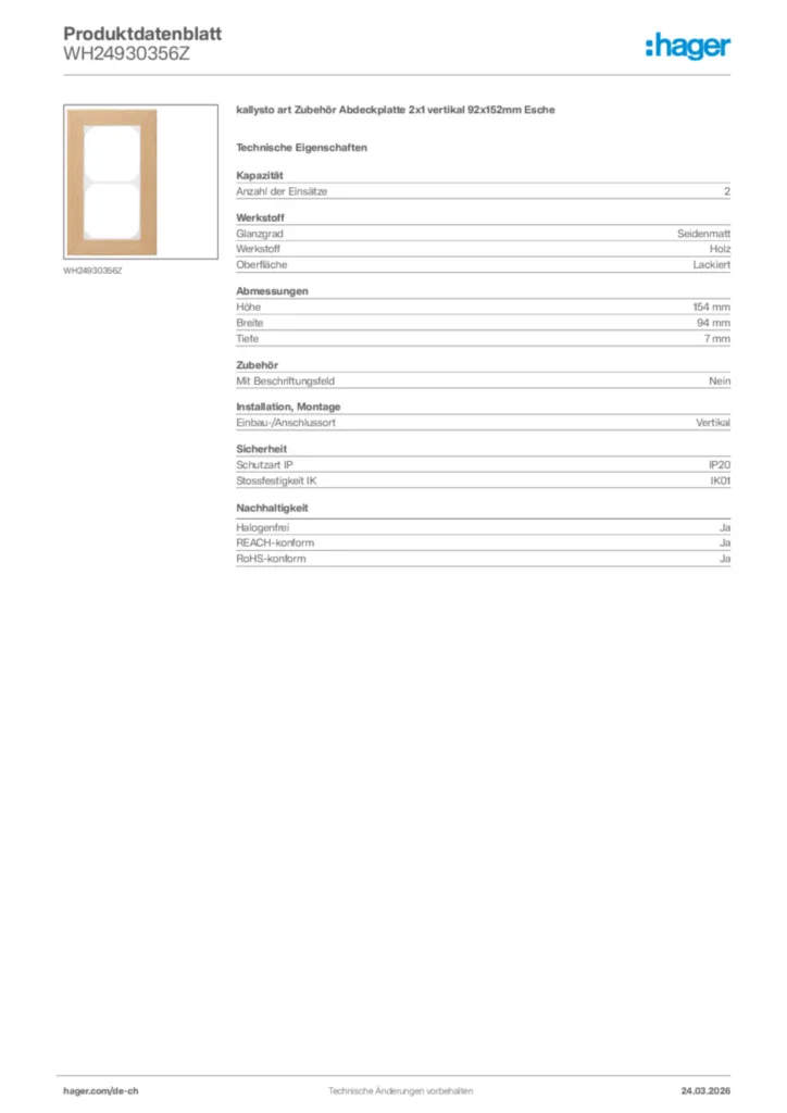 Bild Hager Produktdatenblatt WH24930356Z | Hager Schweiz