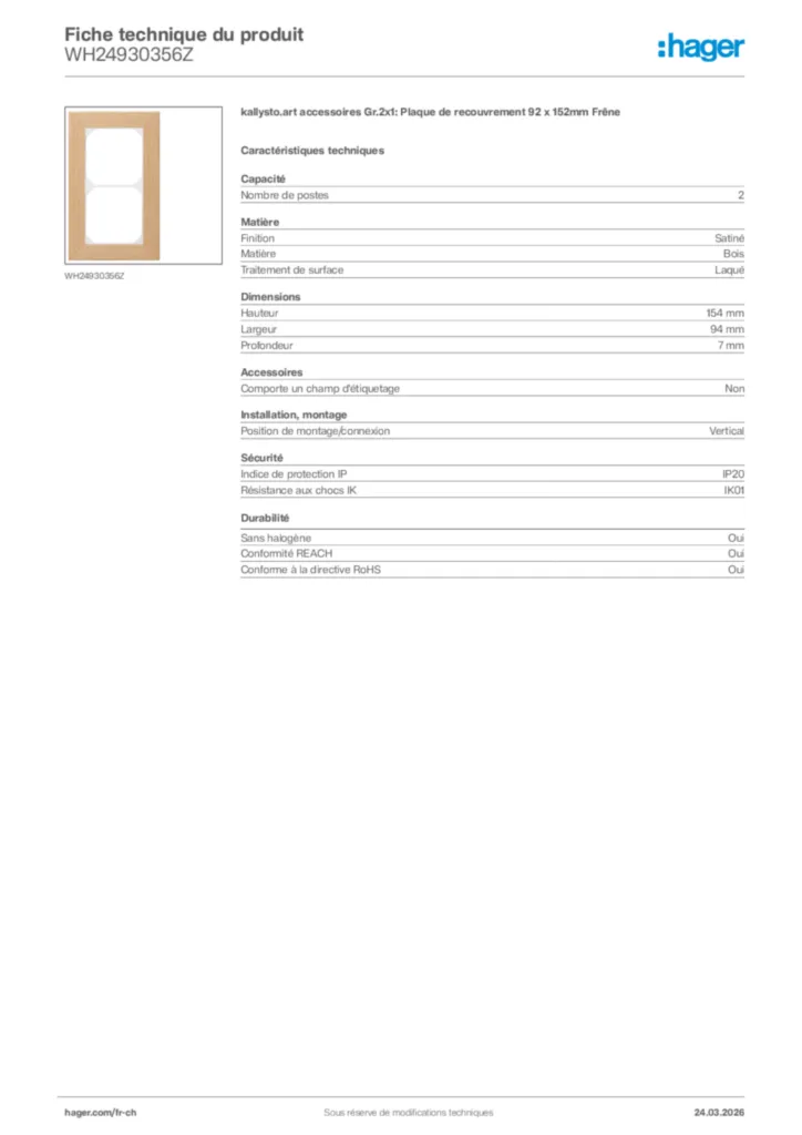 Image Hager Fiche technique du produit WH24930356Z | Hager Suisse