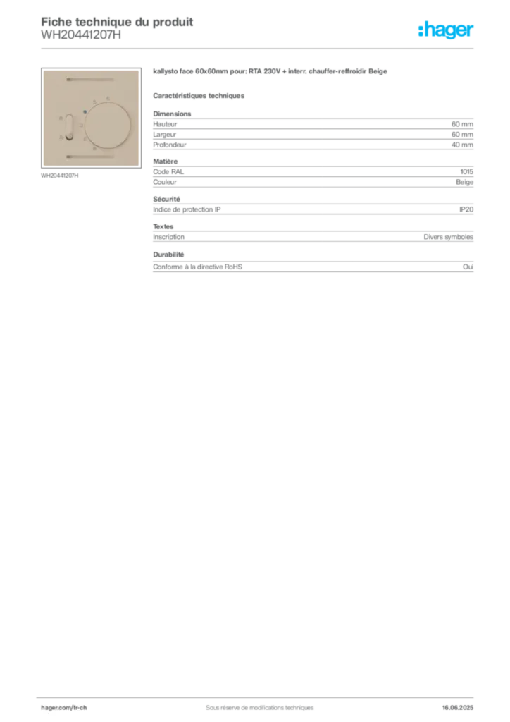 Image Hager Fiche technique du produit WH20441207H | Hager Suisse