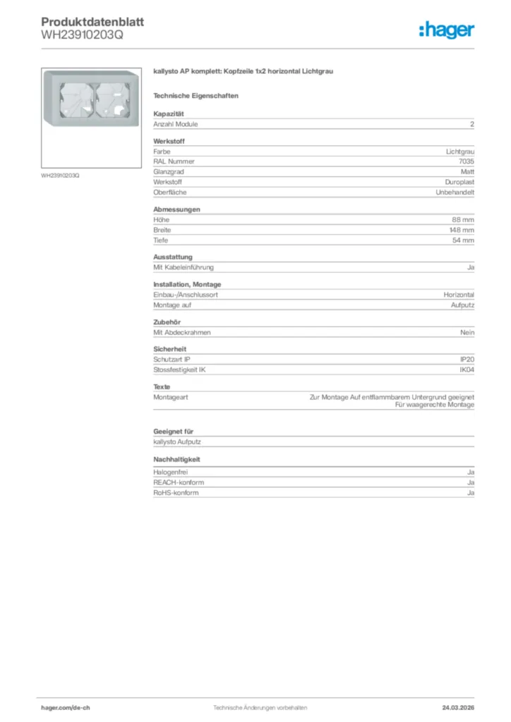 Bild Hager Produktdatenblatt WH23910203Q | Hager Schweiz
