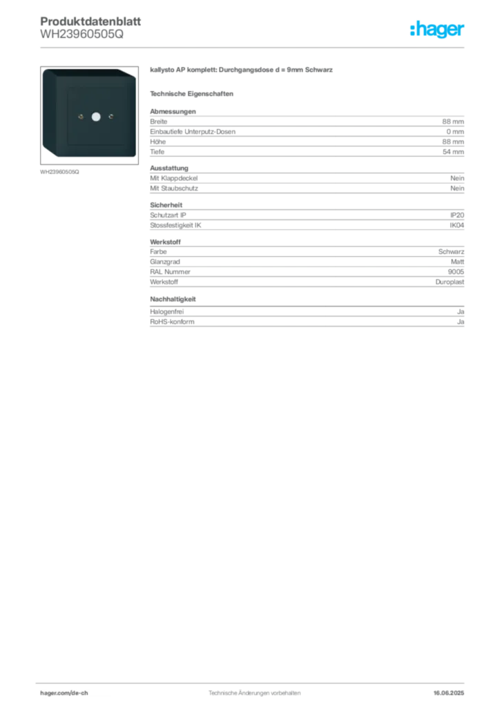 Bild Hager Produktdatenblatt WH23960505Q | Hager Schweiz
