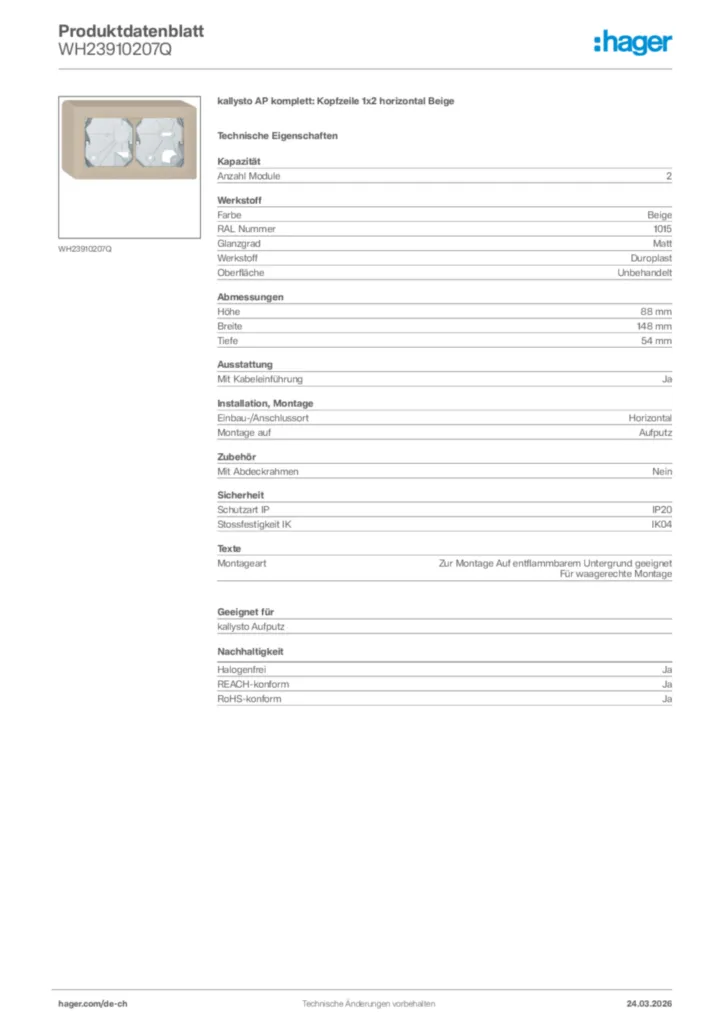 Bild Hager Produktdatenblatt WH23910207Q | Hager Schweiz