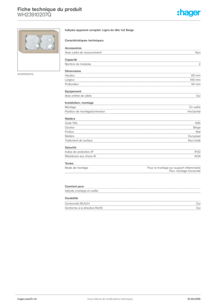 Image Hager Fiche technique du produit WH23910207Q | Hager Suisse