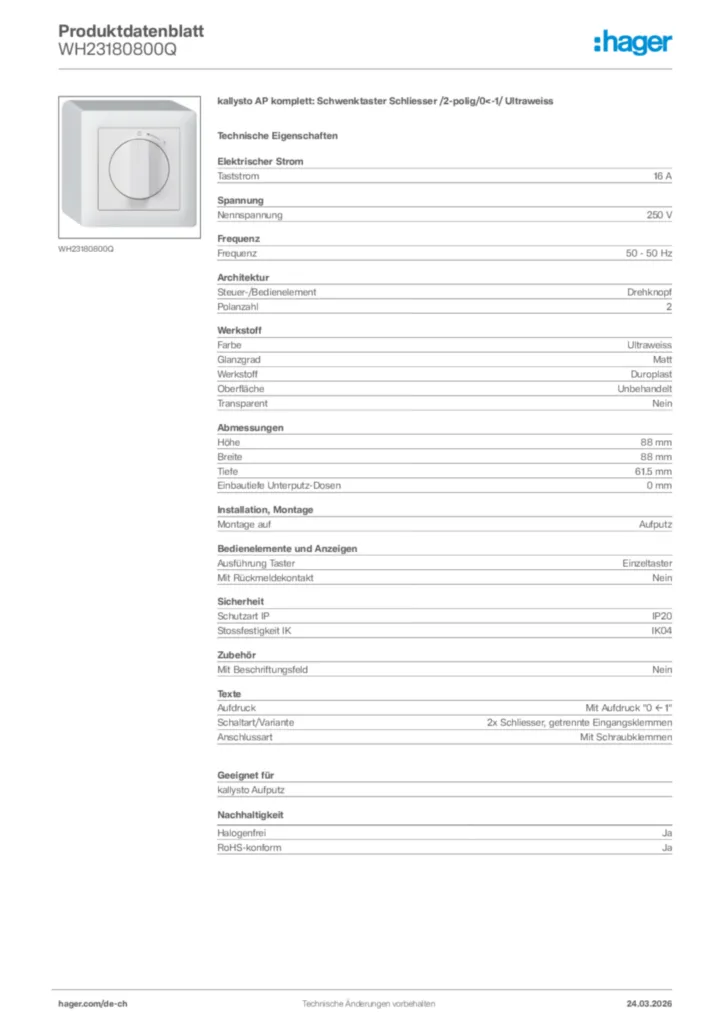 Bild Hager Produktdatenblatt WH23180800Q | Hager Schweiz