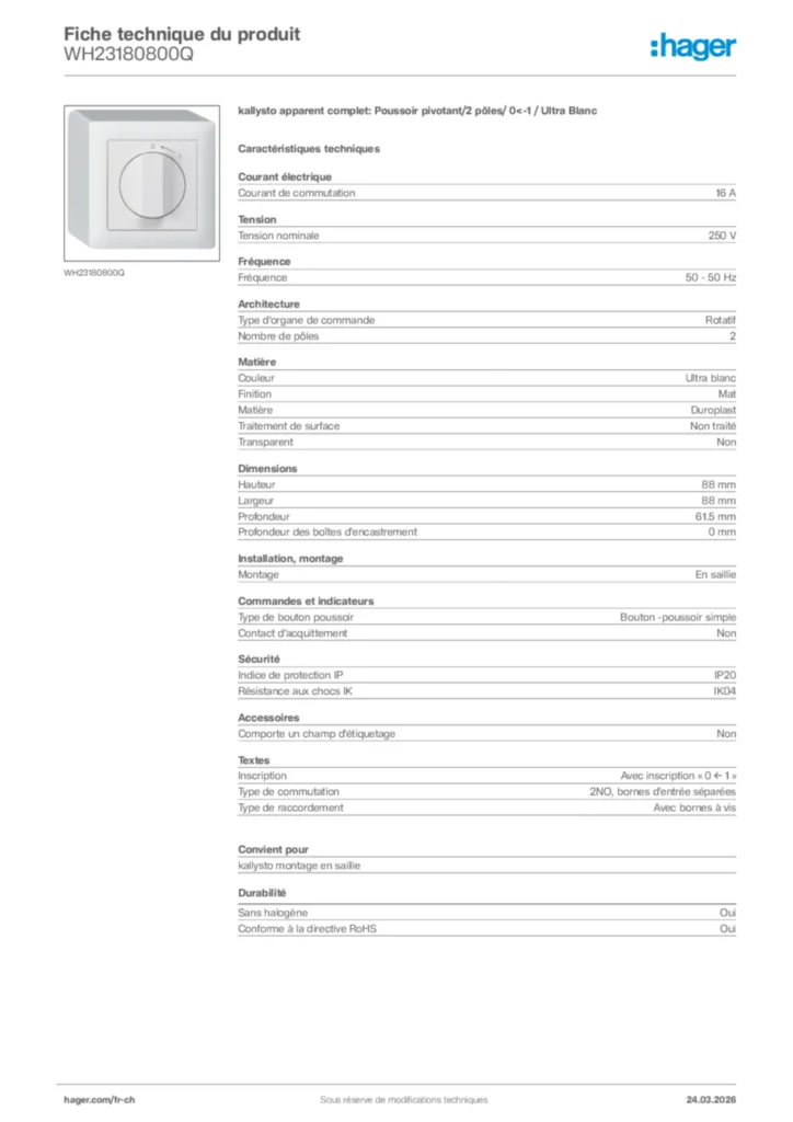 Image Hager Fiche technique du produit WH23180800Q | Hager Suisse