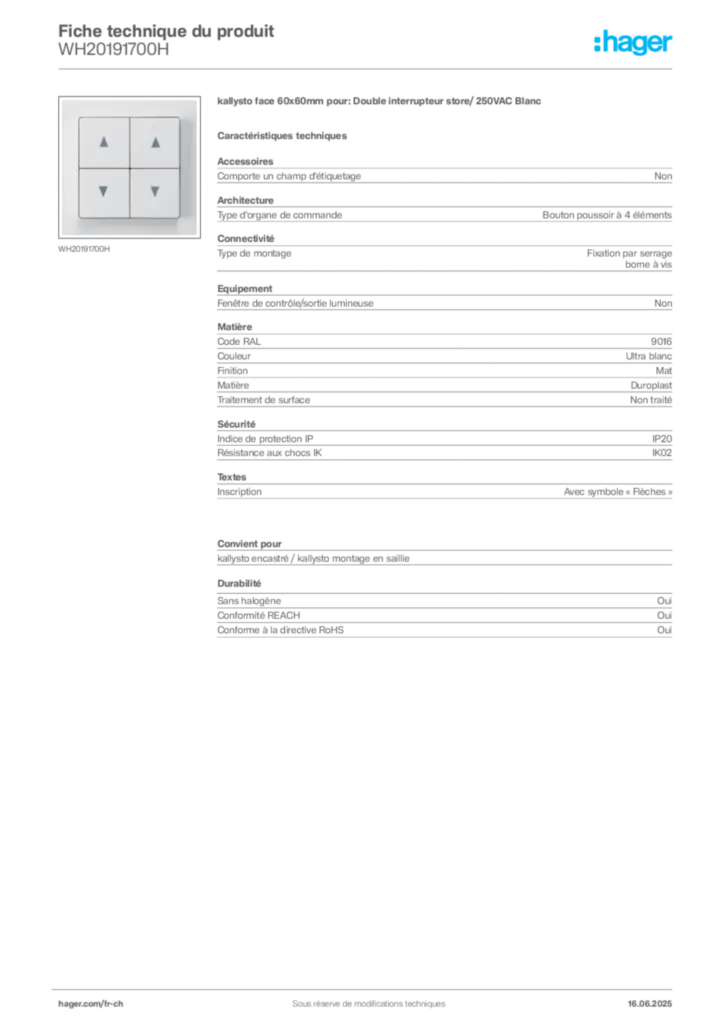 Image Hager Fiche technique du produit WH20191700H | Hager Suisse