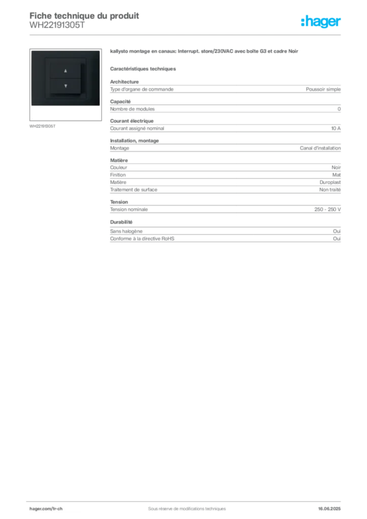 Image Hager Fiche technique du produit WH22191305T | Hager Suisse