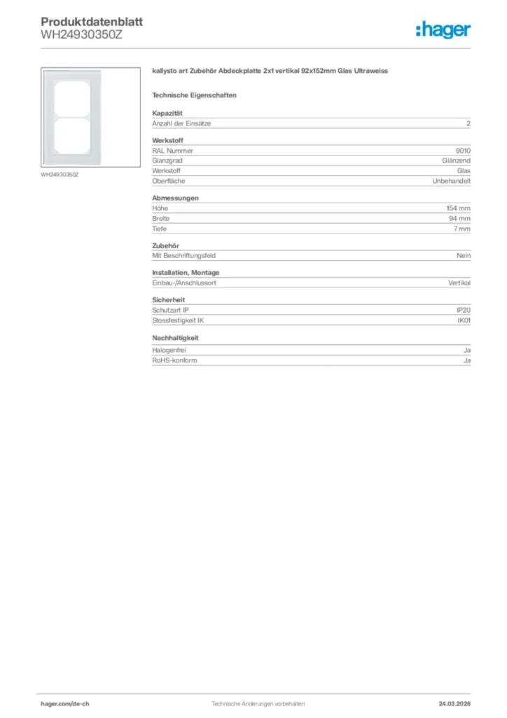 Bild Hager Produktdatenblatt WH24930350Z | Hager Schweiz