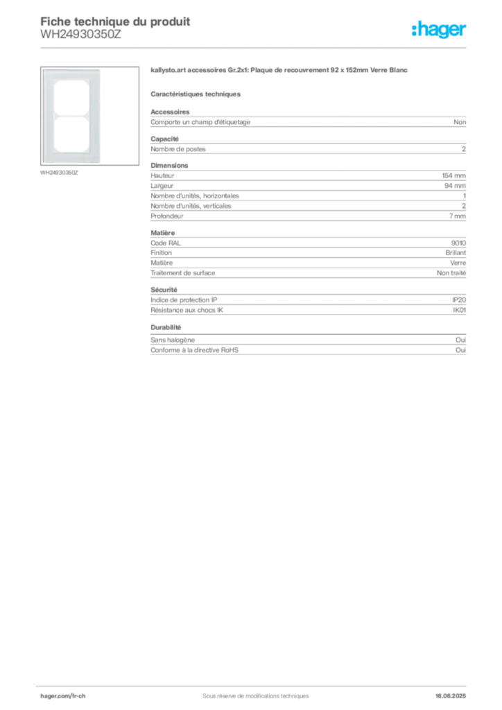 Image Hager Fiche technique du produit WH24930350Z | Hager Suisse