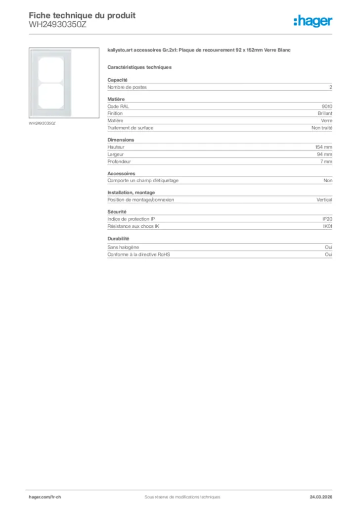 Image Hager Fiche technique du produit WH24930350Z | Hager Suisse