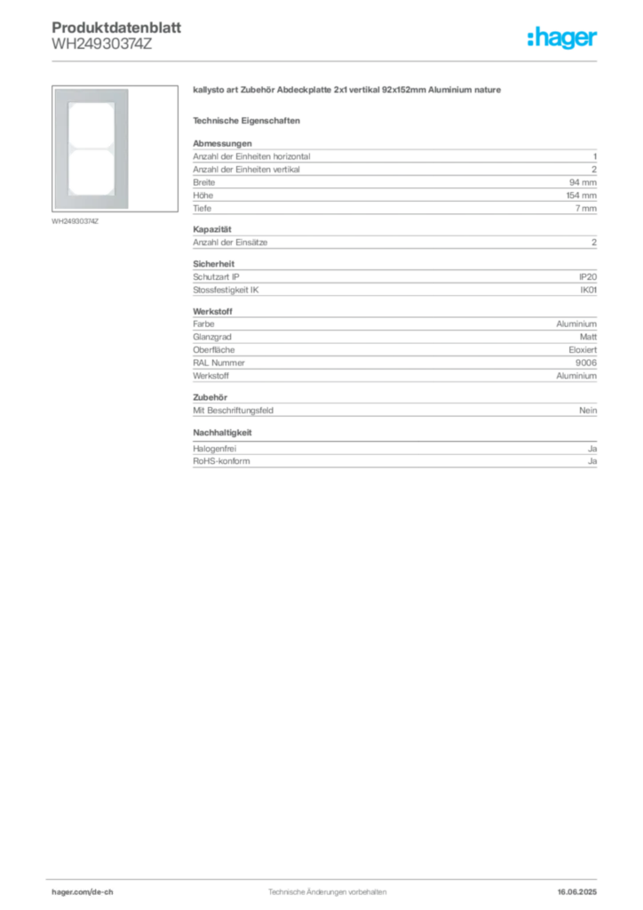 Bild Hager Produktdatenblatt WH24930374Z | Hager Schweiz