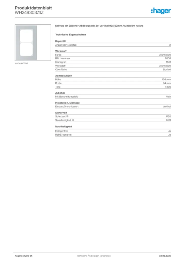 Bild Hager Produktdatenblatt WH24930374Z | Hager Schweiz