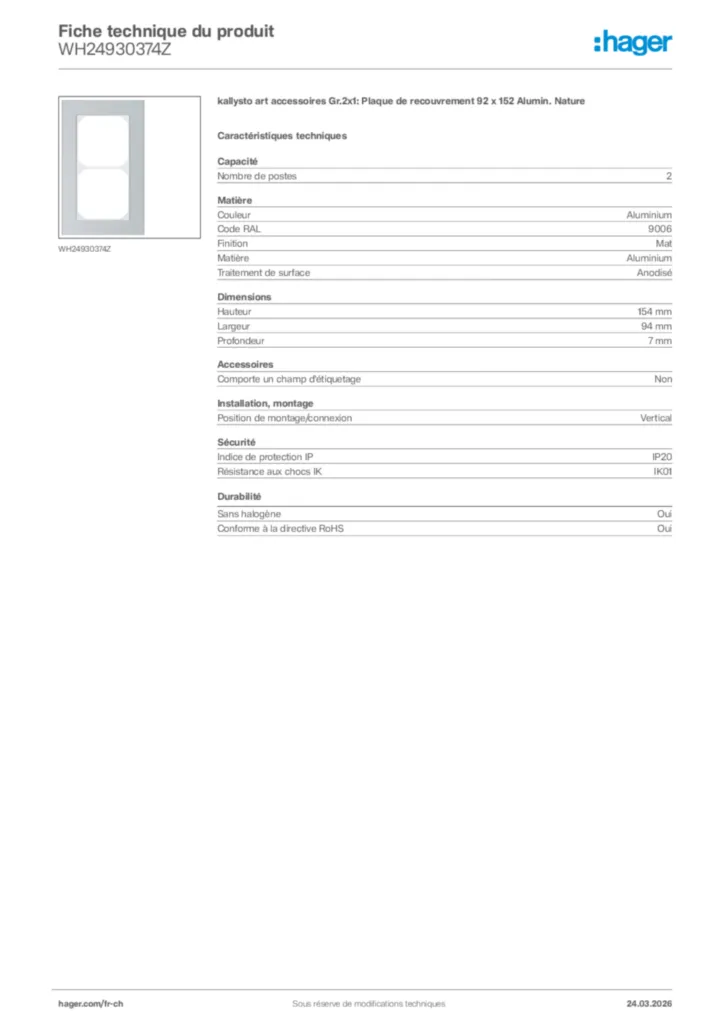 Image Hager Fiche technique du produit WH24930374Z | Hager Suisse