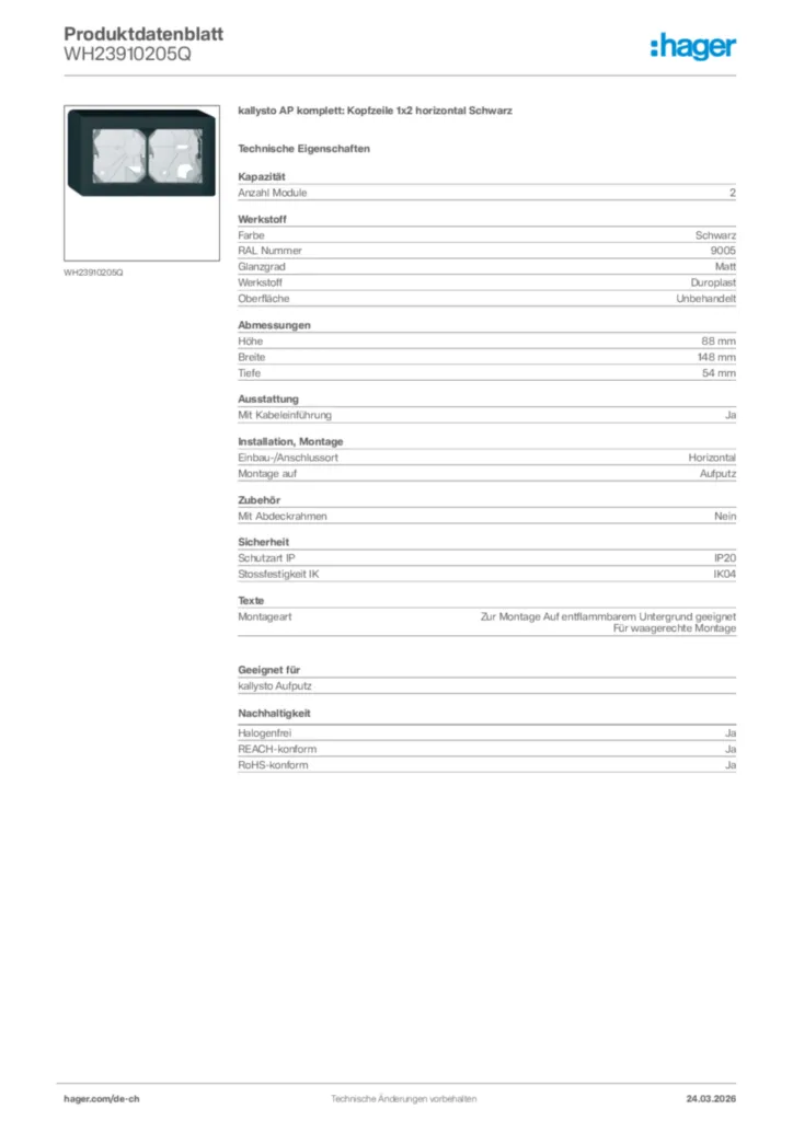 Bild Hager Produktdatenblatt WH23910205Q | Hager Schweiz