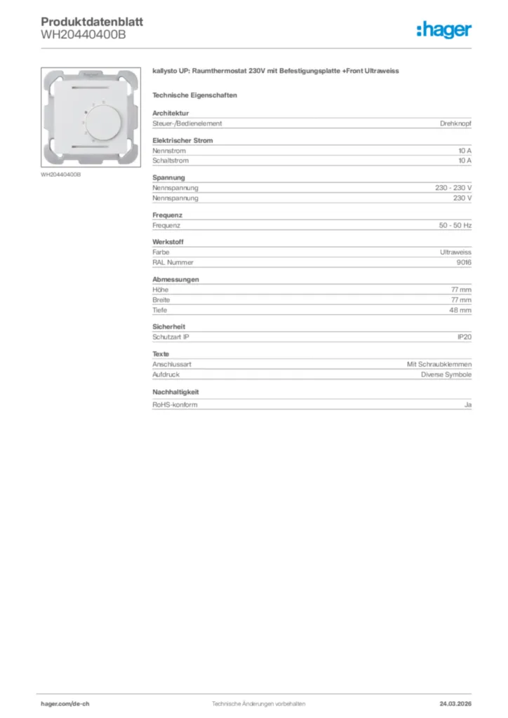 Bild Hager Produktdatenblatt WH20440400B | Hager Schweiz