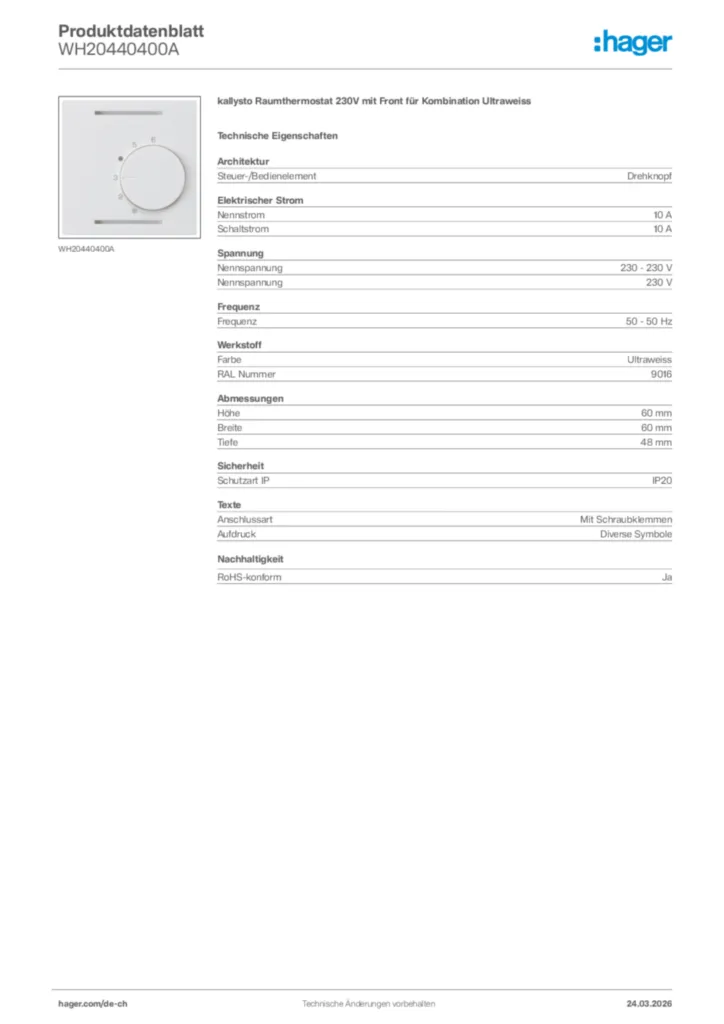 Bild Hager Produktdatenblatt WH20440400A | Hager Schweiz