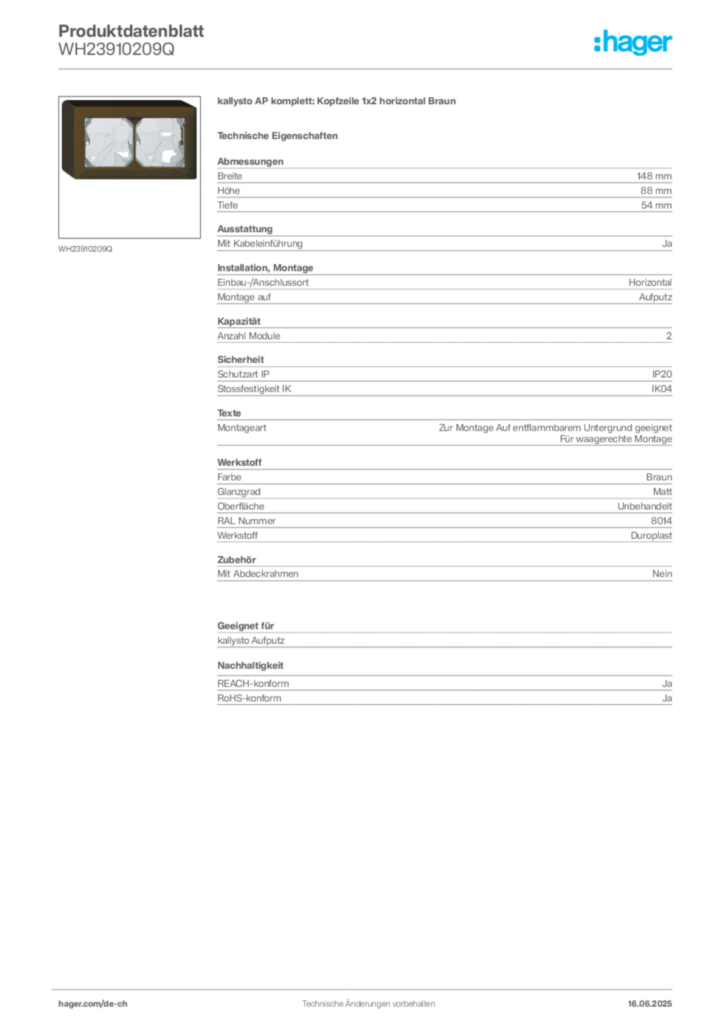 Bild Hager Produktdatenblatt WH23910209Q | Hager Schweiz