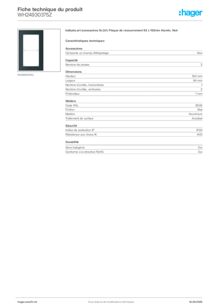 Image Hager Fiche technique du produit WH24930375Z | Hager Suisse