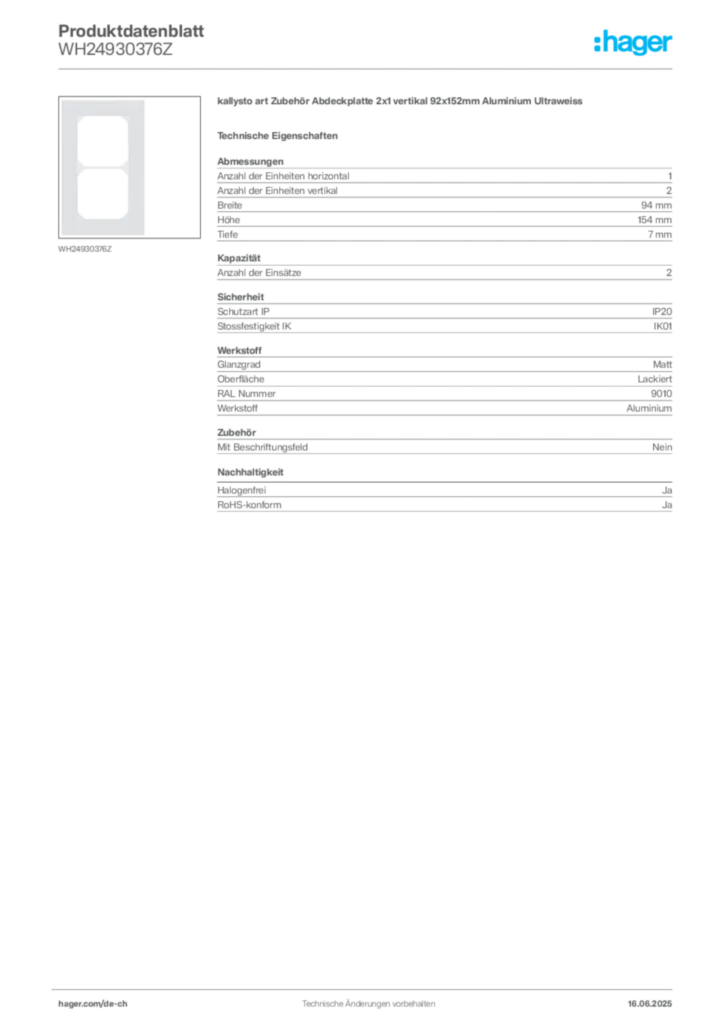 Bild Hager Produktdatenblatt WH24930376Z | Hager Schweiz
