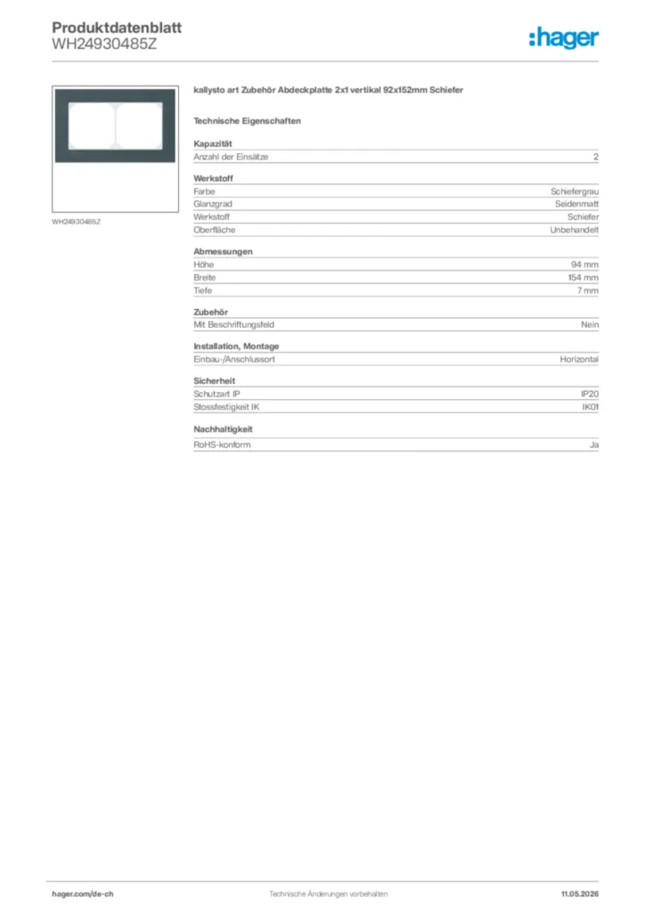 Bild Hager Produktdatenblatt WH24930485Z | Hager Schweiz