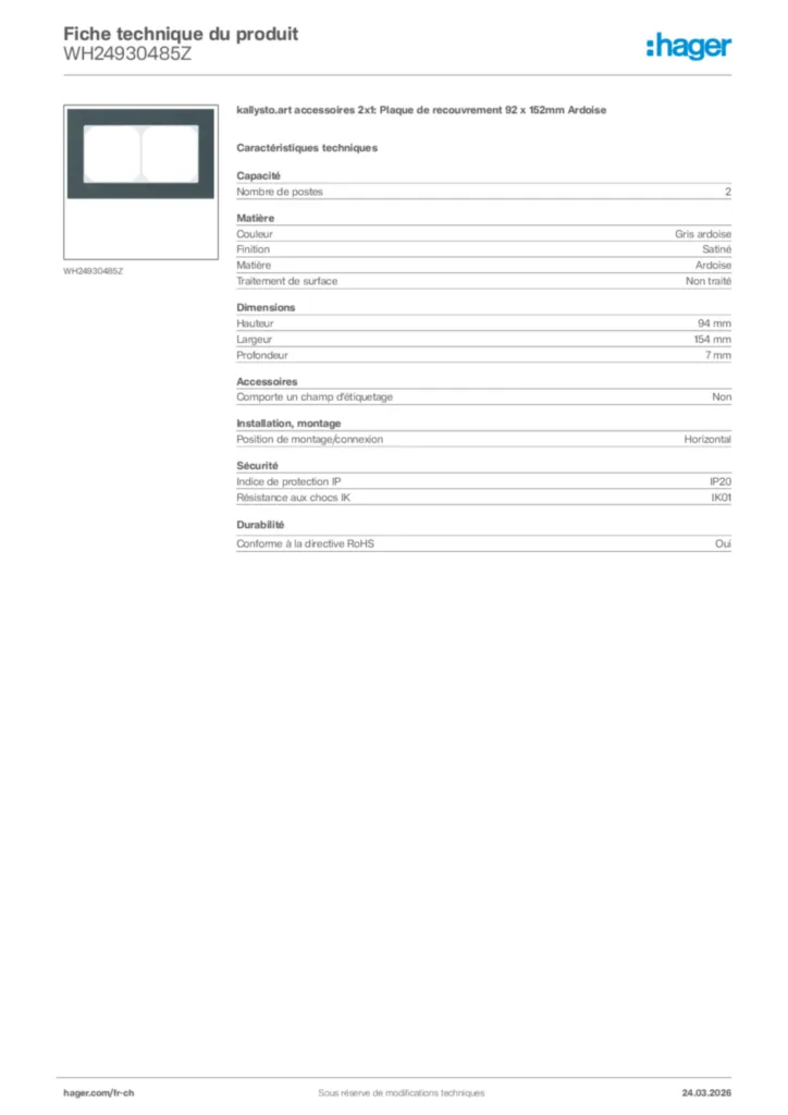 Image Hager Fiche technique du produit WH24930485Z | Hager Suisse