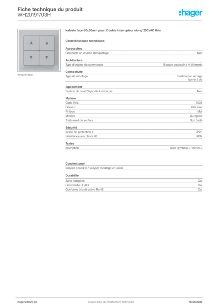 Image Hager Fiche technique du produit WH20191703H | Hager Suisse