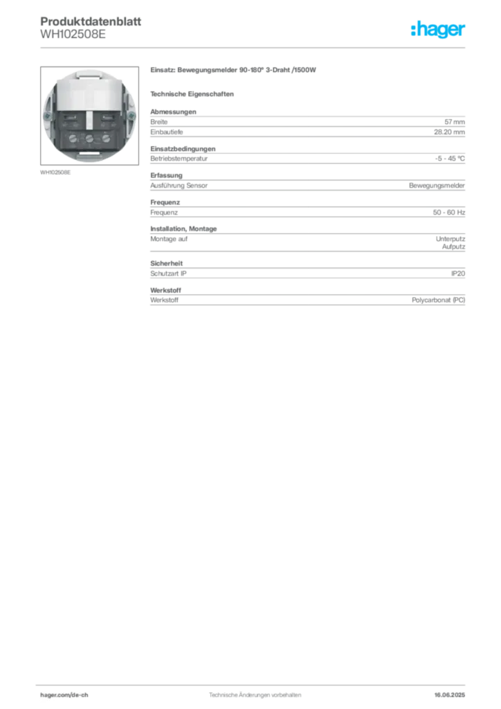 Bild Hager Produktdatenblatt WH102508E | Hager Schweiz