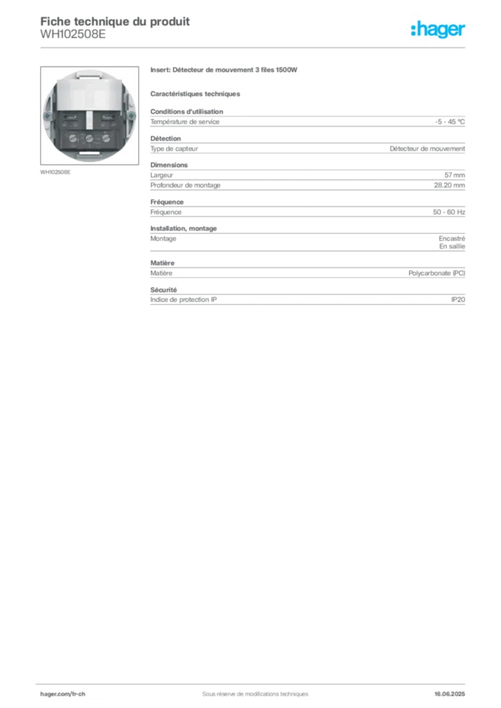 Image Hager Fiche technique du produit WH102508E | Hager Suisse