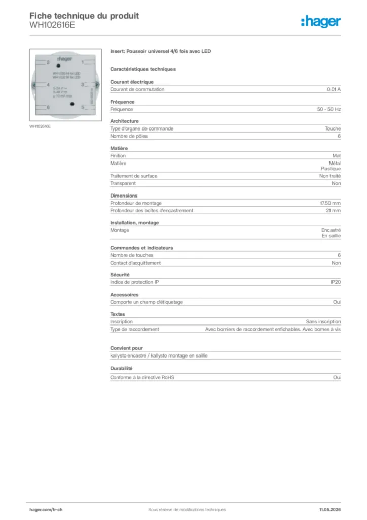 Image Hager Fiche technique du produit WH102616E | Hager Suisse