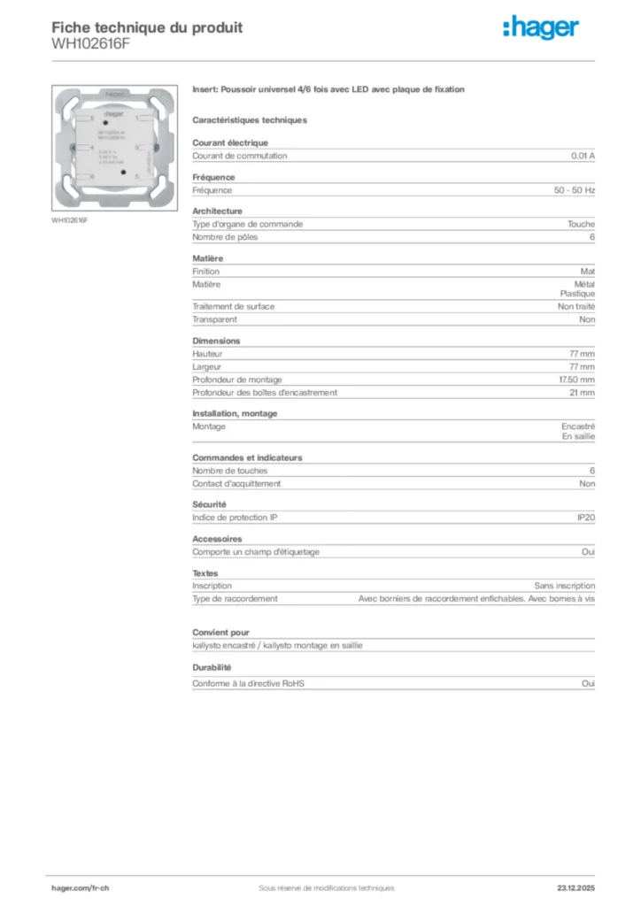 Image Hager Fiche technique du produit WH102616F | Hager Suisse