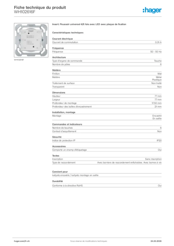Image Hager Fiche technique du produit WH102616F | Hager Suisse