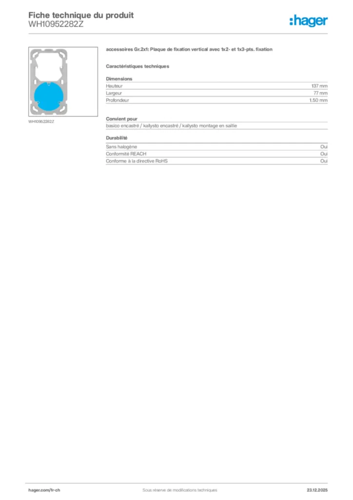 Image Hager Fiche technique du produit WH10952282Z | Hager Suisse