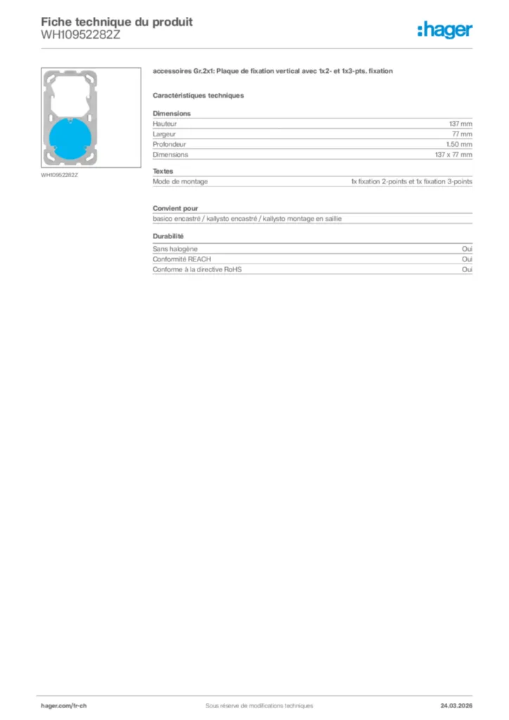 Image Hager Fiche technique du produit WH10952282Z | Hager Suisse