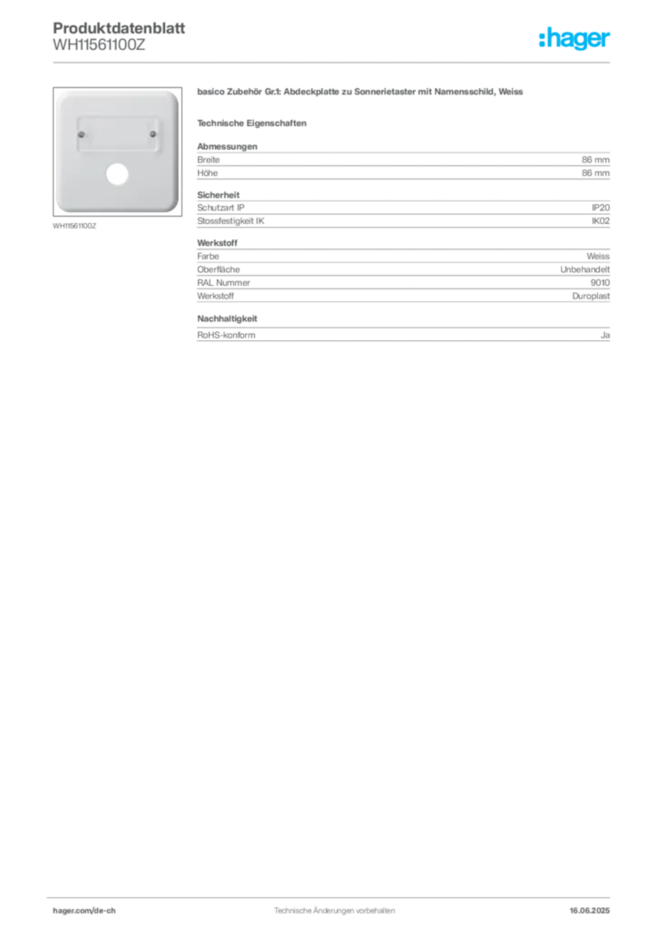 Bild Hager Produktdatenblatt WH11561100Z | Hager Schweiz