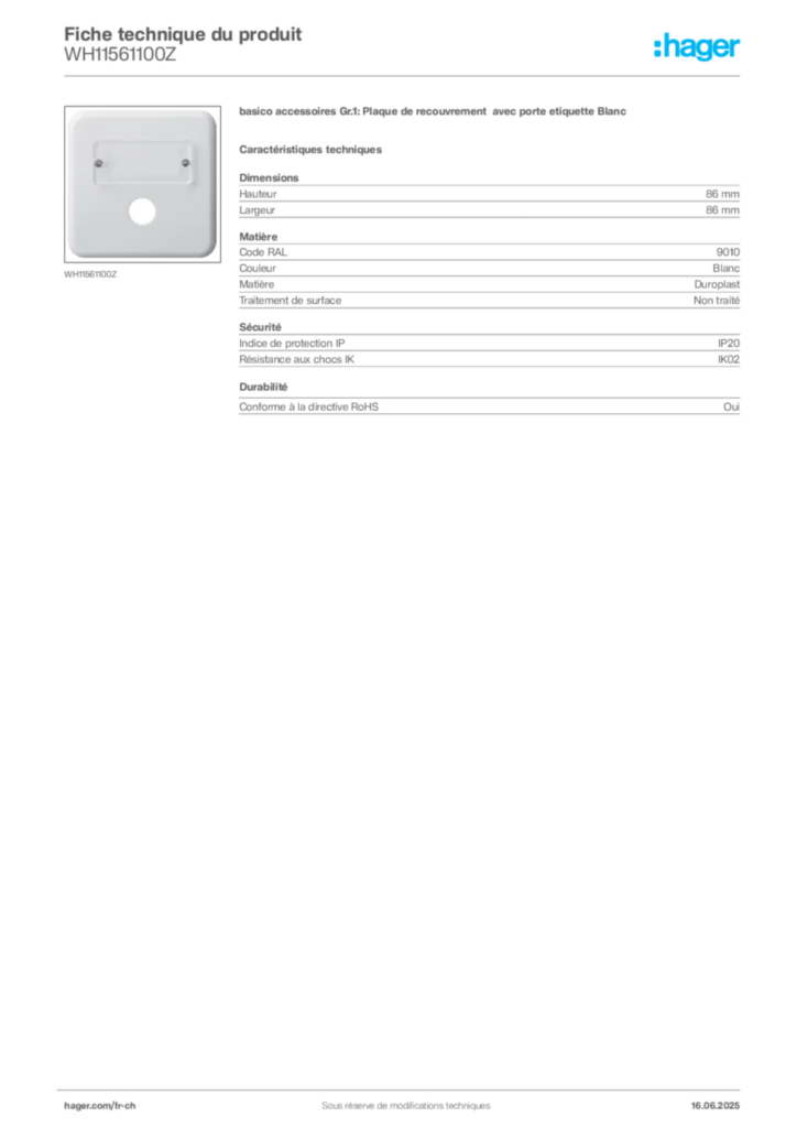 Image Hager Fiche technique du produit WH11561100Z | Hager Suisse