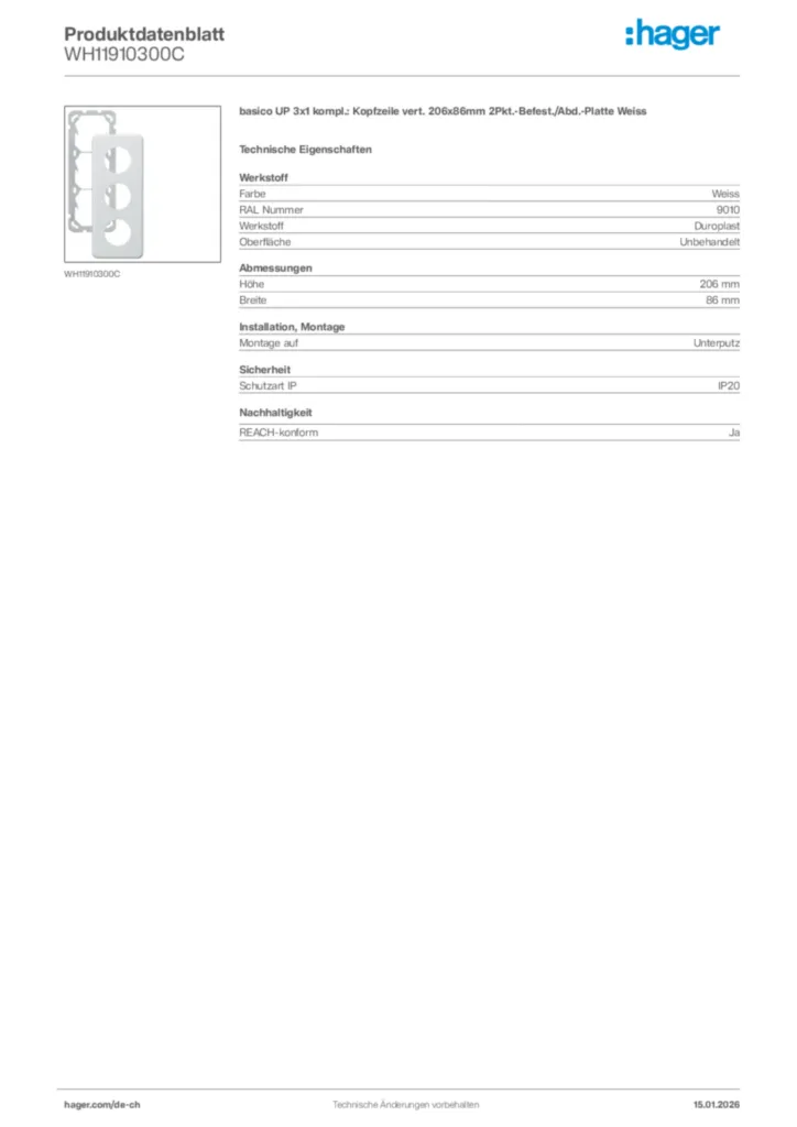 Bild Hager Produktdatenblatt WH11910300C | Hager Schweiz