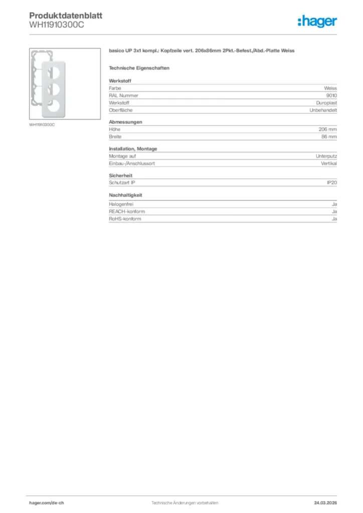 Bild Hager Produktdatenblatt WH11910300C | Hager Schweiz