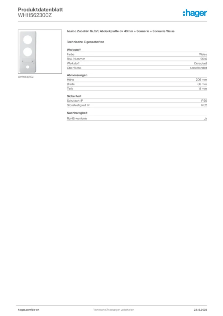 Bild Hager Produktdatenblatt WH11562300Z | Hager Schweiz
