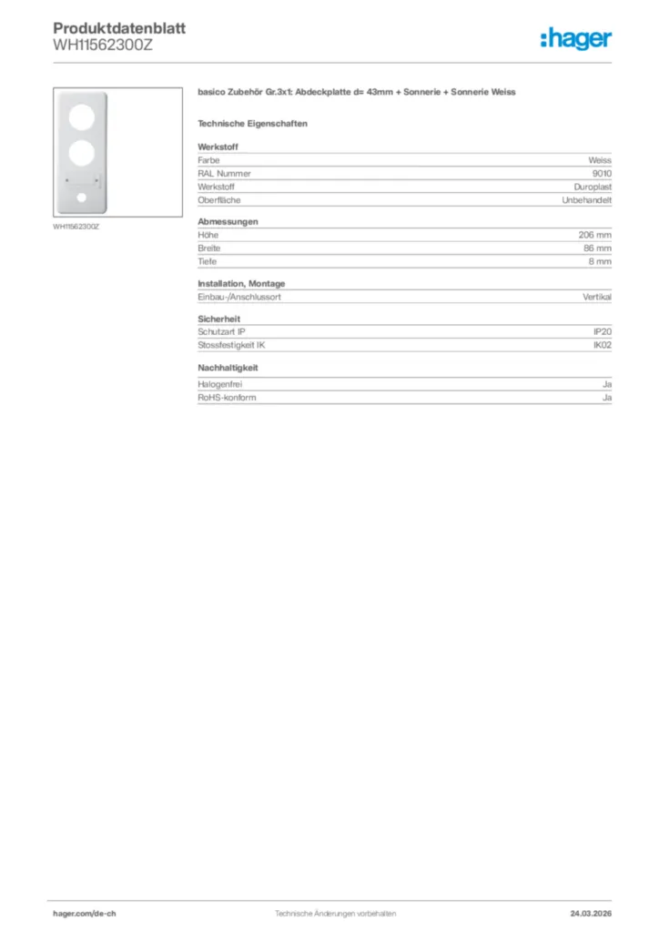 Bild Hager Produktdatenblatt WH11562300Z | Hager Schweiz