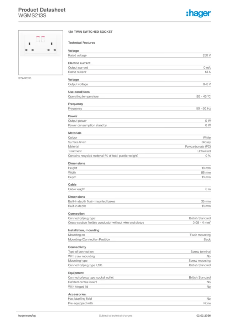 Image Hager Product data sheet WGMS213S  | Hager