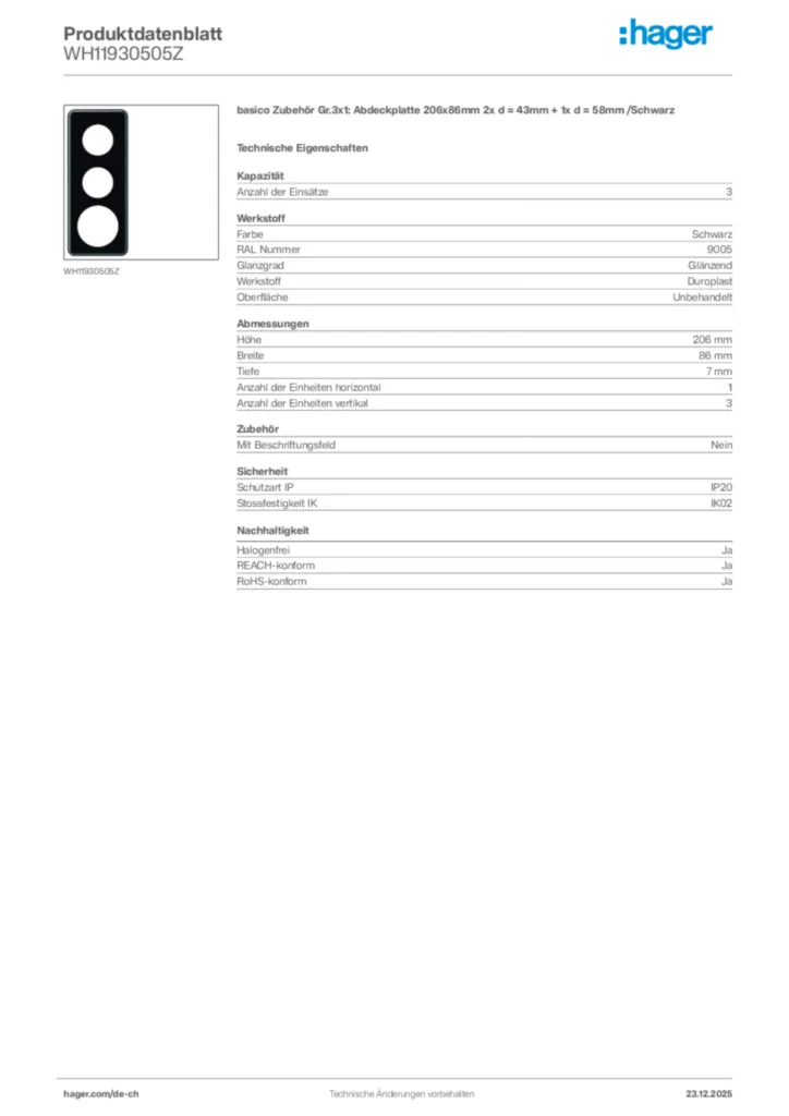 Bild Hager Produktdatenblatt WH11930505Z | Hager Schweiz