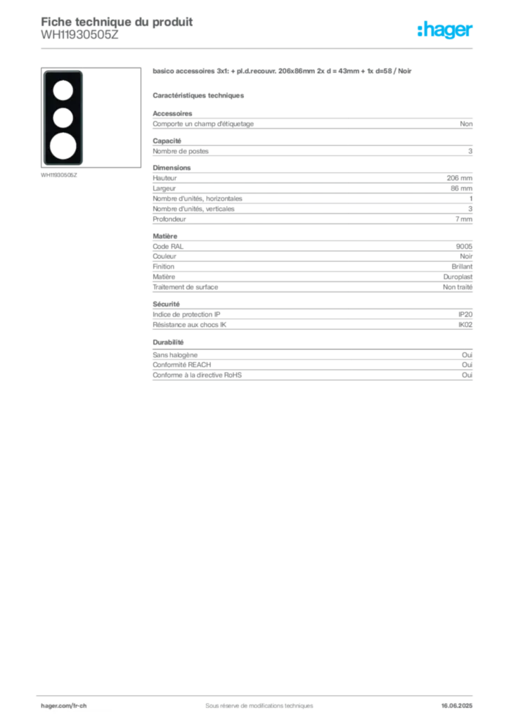 Image Hager Fiche technique du produit WH11930505Z | Hager Suisse
