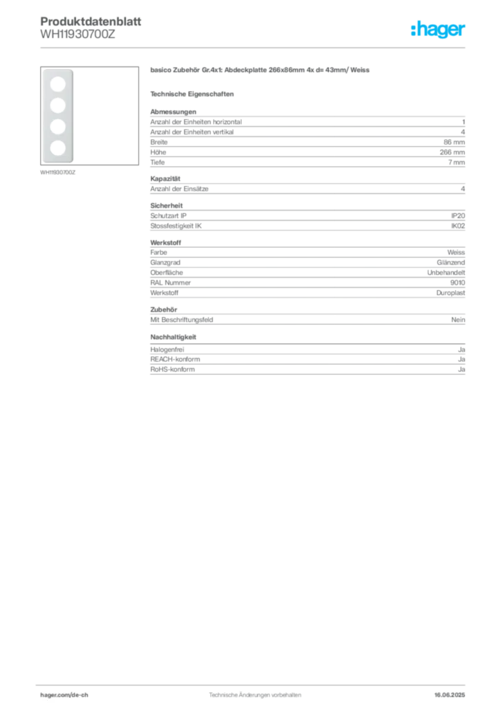 Bild Hager Produktdatenblatt WH11930700Z | Hager Schweiz